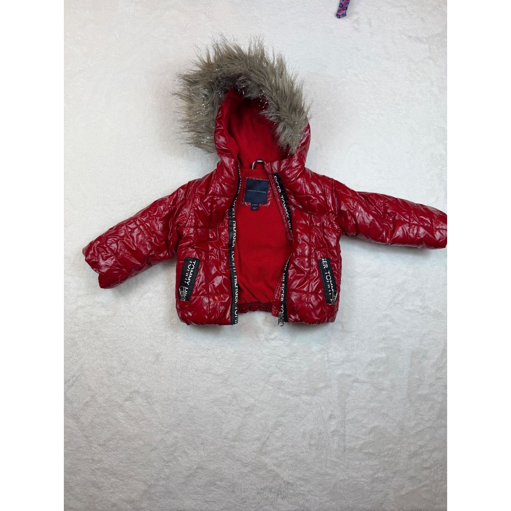 Tommy Hilfiger Kids Red Shiny Puffer Jacket Faux Fur Hood 12 Months Baby Coat
